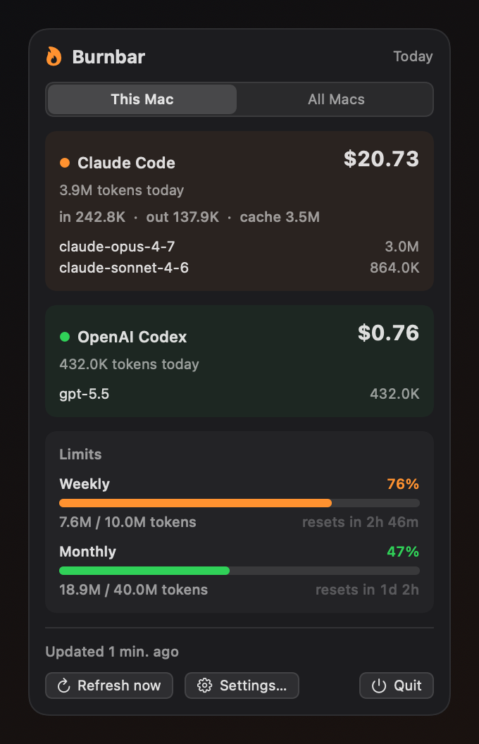 Burnbar's popover listing Claude Code and OpenAI Codex token usage with per-provider costs for today.